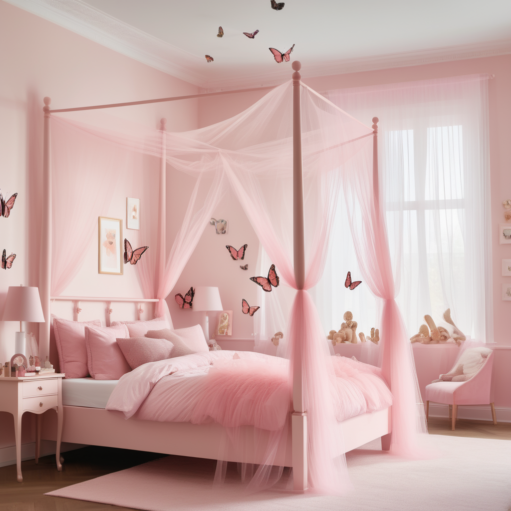 In a light pink bedroom. One four-post bed with pink tulle. Four friends are hanging out. Butterflies are flying in the room.