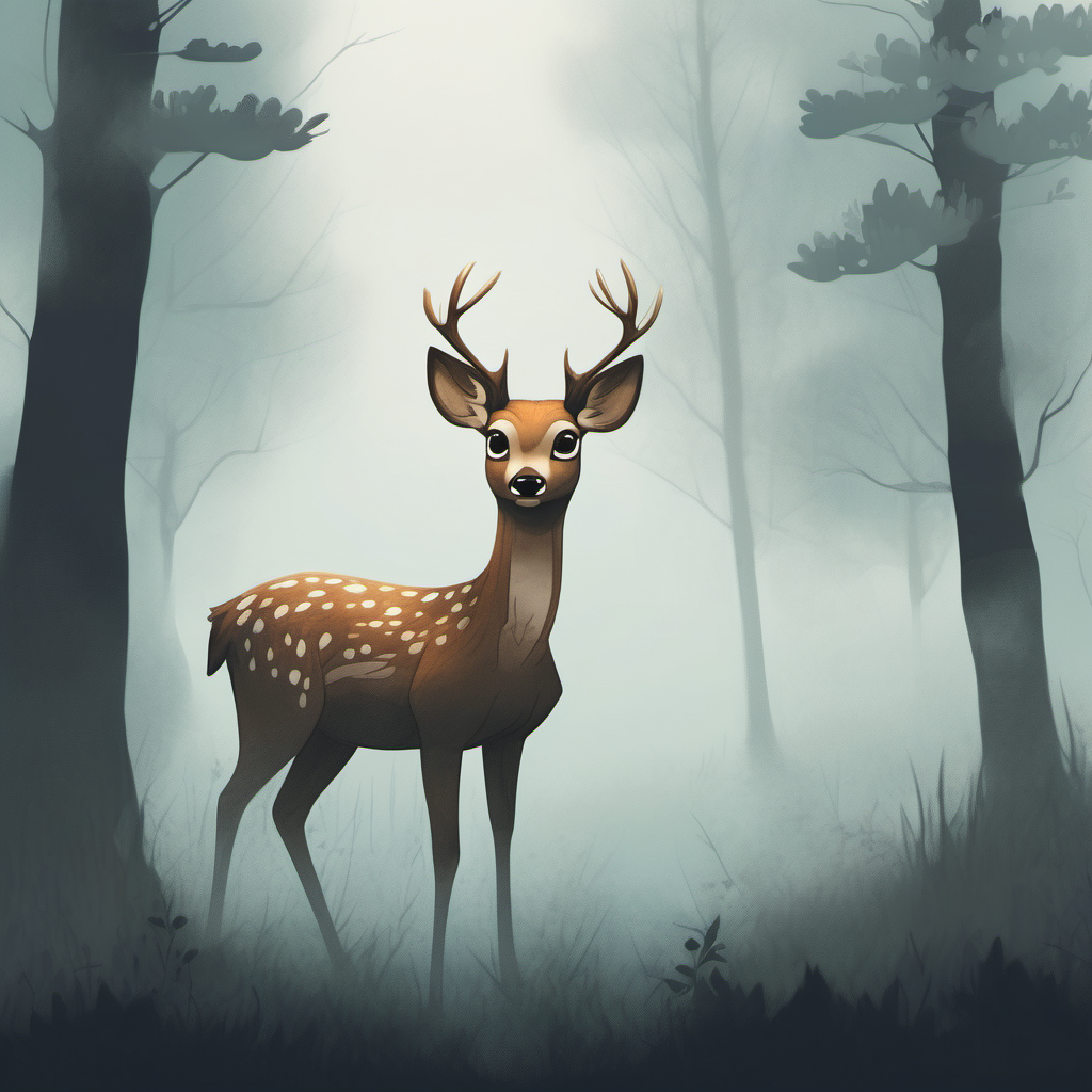Bild für ein Kinderbuch Ein Reh im Wald im Nebel 