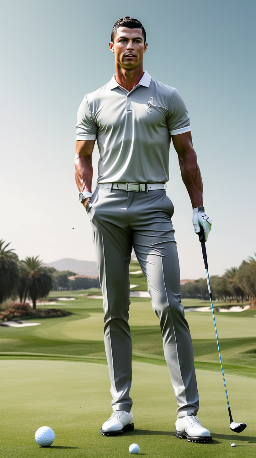Half body, Cristiano Ronaldo is playing golf, golf course with fans background, realistic, ar 2: 1 --v 5