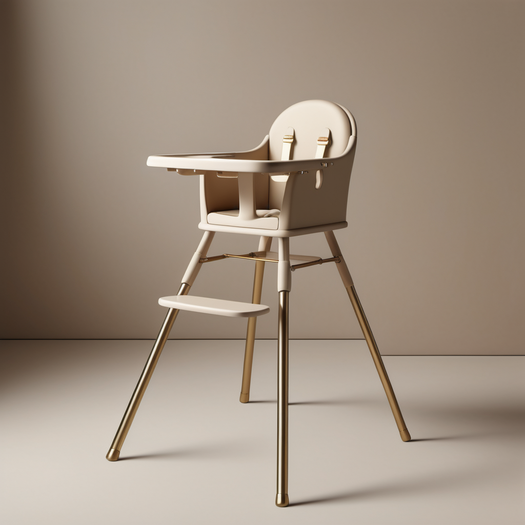 a hyperrealistic image of a minimalist Parisian baby highchair; beige, brass colour palette