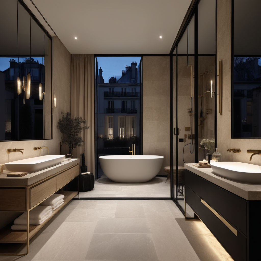 hyperrealistic of an elegant modern Parisian bathroom at night with limestone flooring; floor to ceiling windows with a view of the private courtyard; vanity table; glass double shower; curtains; mood lighting; beige, oak, brass and accents of black colour palette; modern brass pendant light --no neighbour houses
