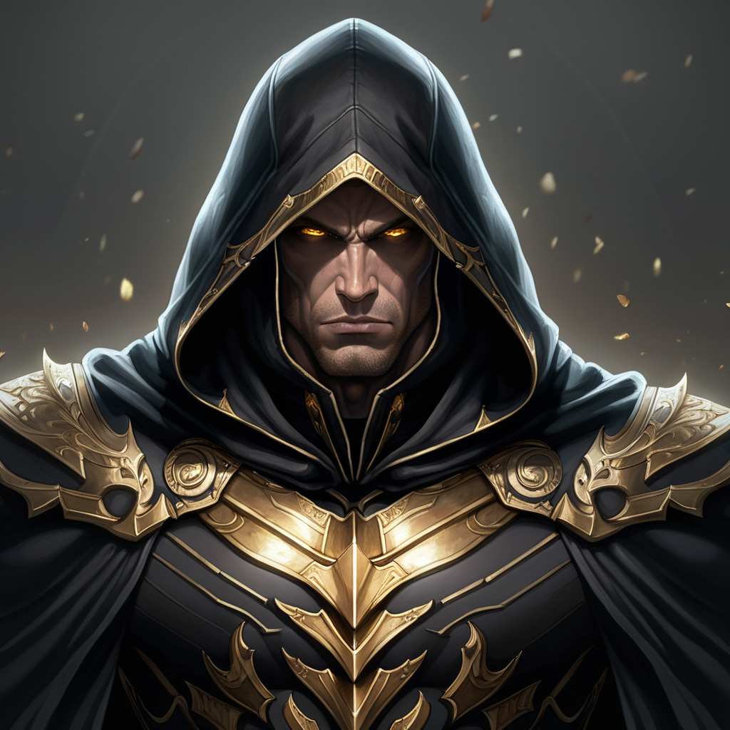 muscular man with gold eyes and a dark hooded cape wearing armor 