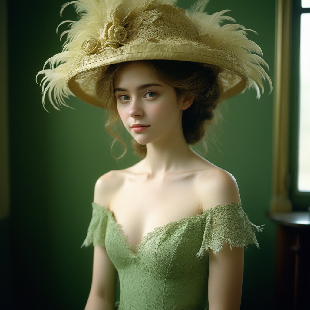 <lora:FilmVelvia3:0. 6>, masterpiece, best quality, 1girl, solo, sexy pose, pensive woman, intricate lace, feathered hat, curled hairdo, pale skin, minimal makeup, tender smile, dainty neckline, nostalgic atmosphere, still life, semi naked, cinematic shot, green golden dress