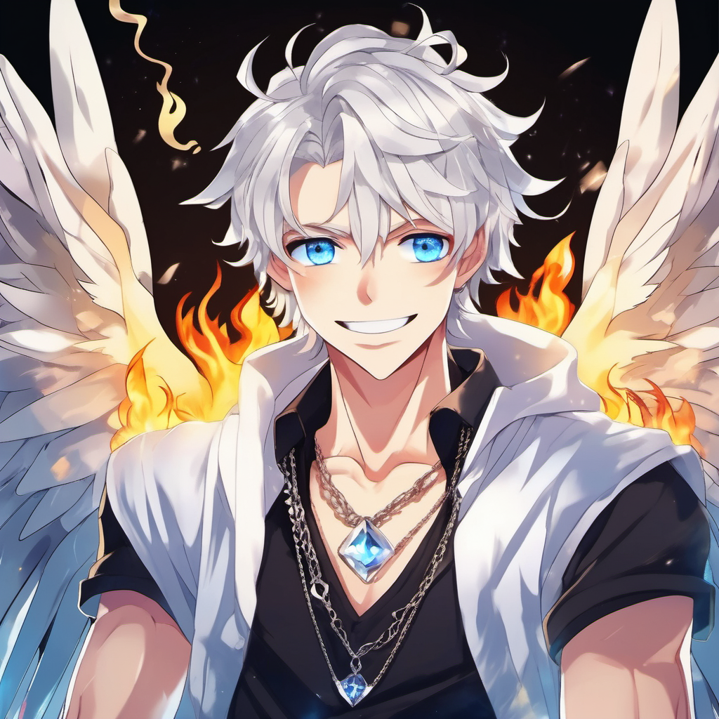 Anime blue eyes with flames inside them, male dude with hero vibes, smiling with smug powerful face, white curled hair,  large angel wings with crystals, Dimond on forehead, necklace, happy guy with frying pan,