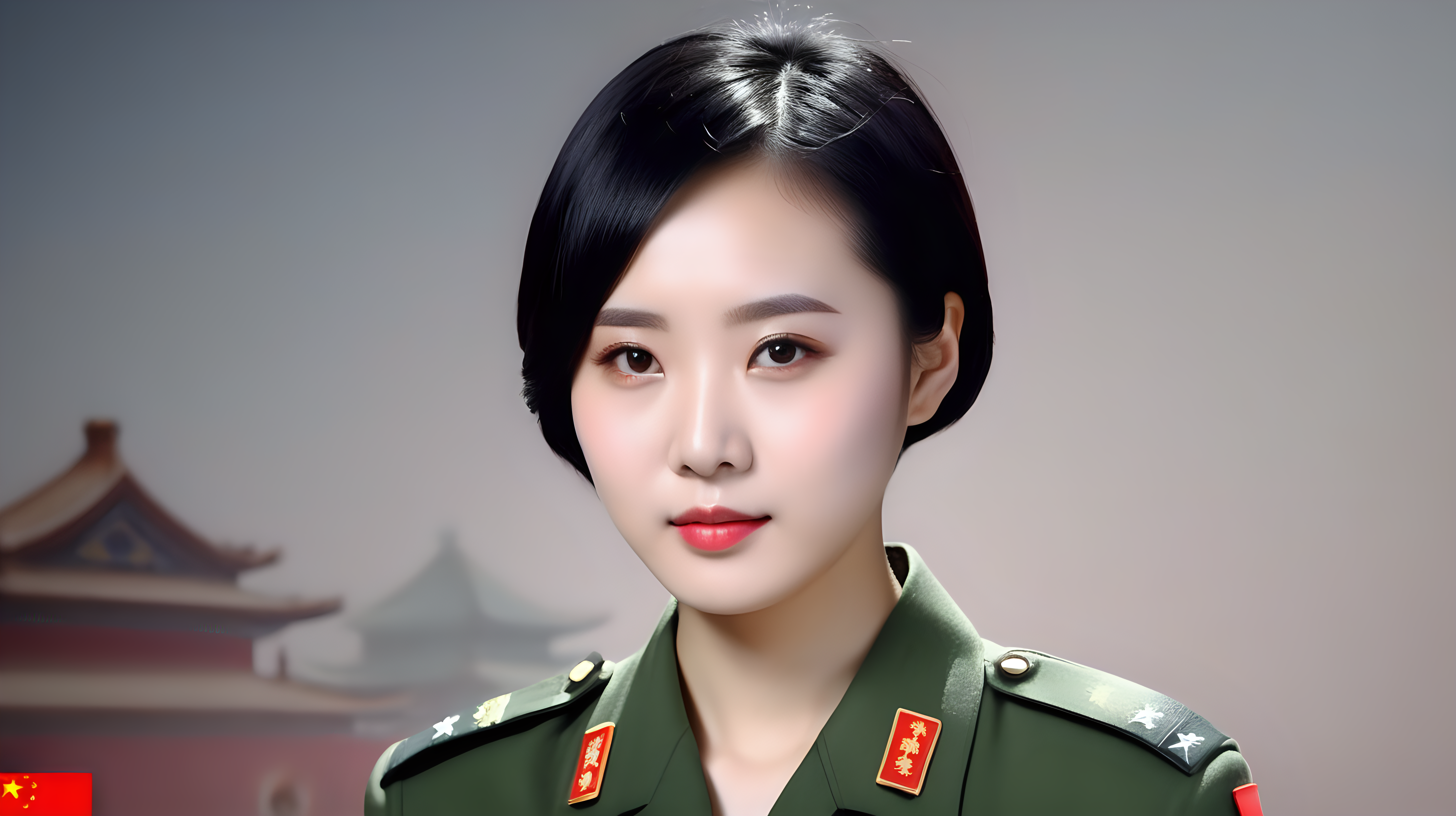 一名中国人民解放军女兵
青年人
黑发
短发
主持电视节目
正脸