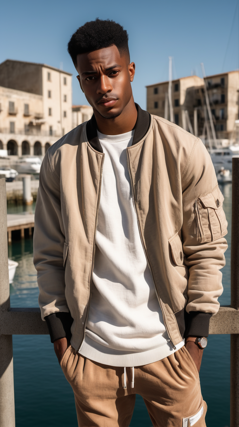 A handsome, young, African American man, wearing short, black hair, wearing Cream, cut and sew, bomber jacket, standing by the docks of Sicily in the background, Facing  the camera, wearing a light, pine colored, linen, dress shirt, wearing a white tee-shirt, wearing Taupe Brown, Corduroy joggers, lighting is over the right shoulder, from behind, pointing down, ultra 4k, render, high definition, light shadowing