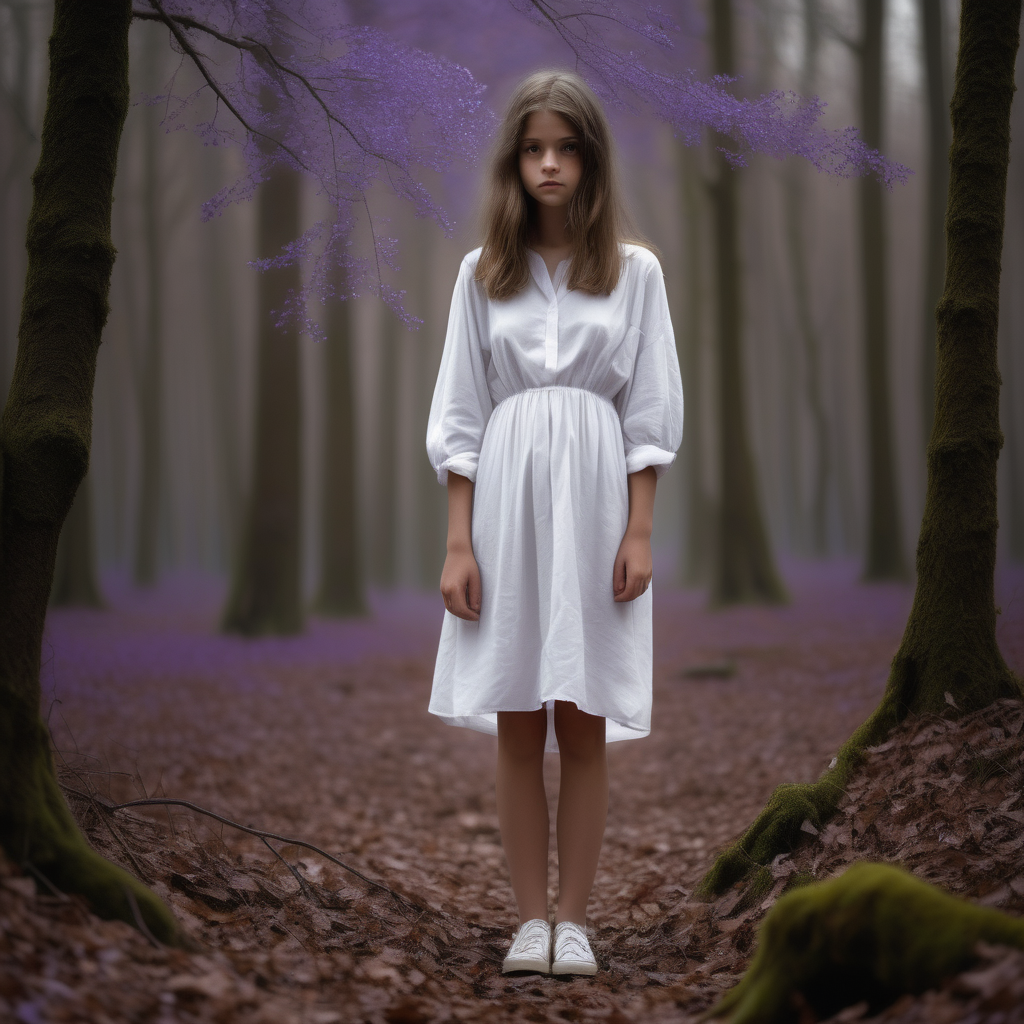 A teenage girl fell into a hole in a forest. She had shoulder-length brown hair; She is wearing a white flowy midi dress. His knee is bleeding. Her mother bent over her. Her mother looks like a fairy. Her mother wears a purple dress with a puffy shirt and white shoes. The forest is dark. The tree branches are tangled together. Moss growing on tr. ees