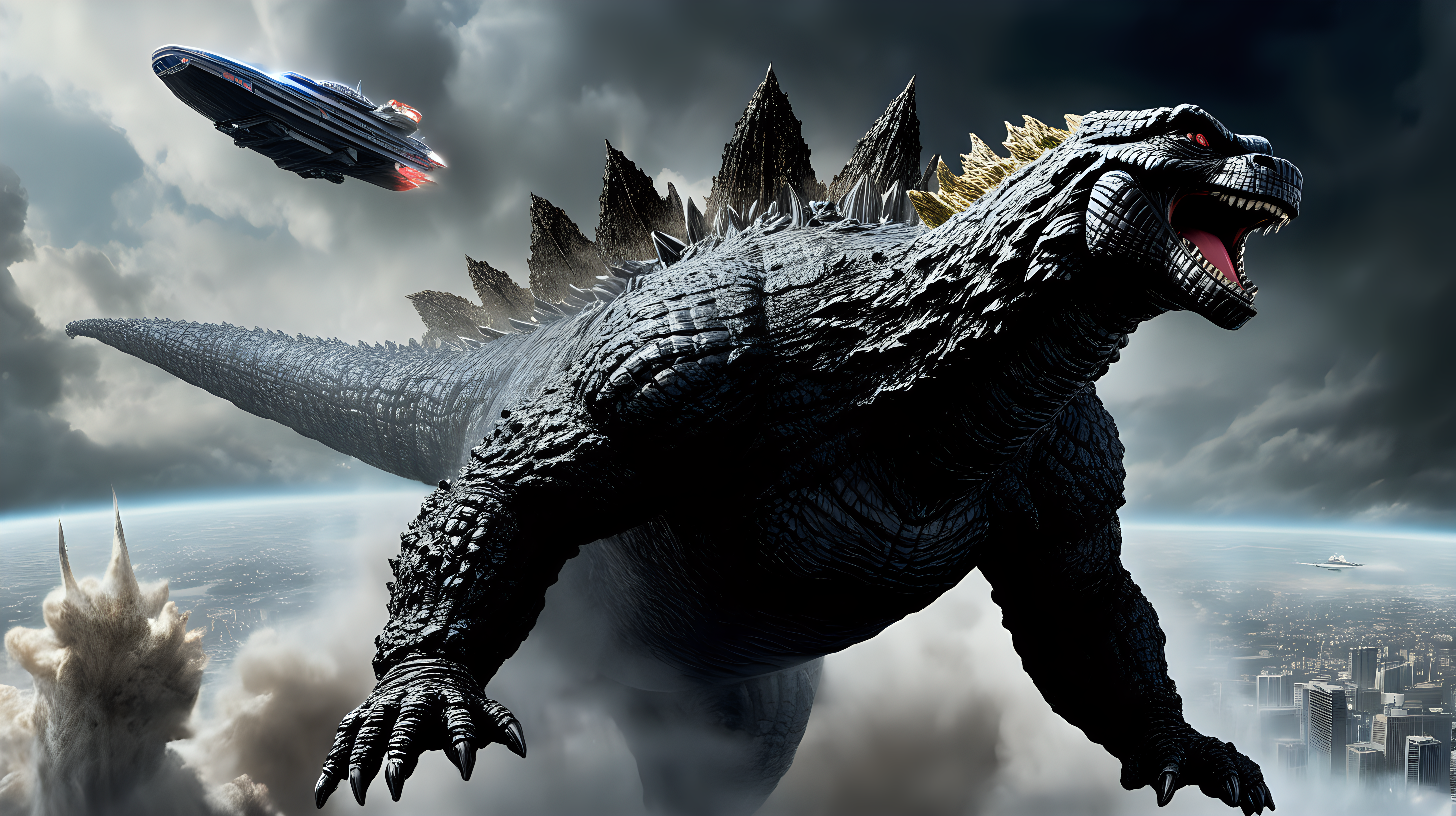 Godzilla flying a spaceship