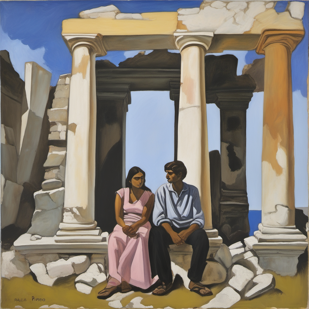 Young German-Indian couple in ancient ruins in Greece, Paula Rego oil painting