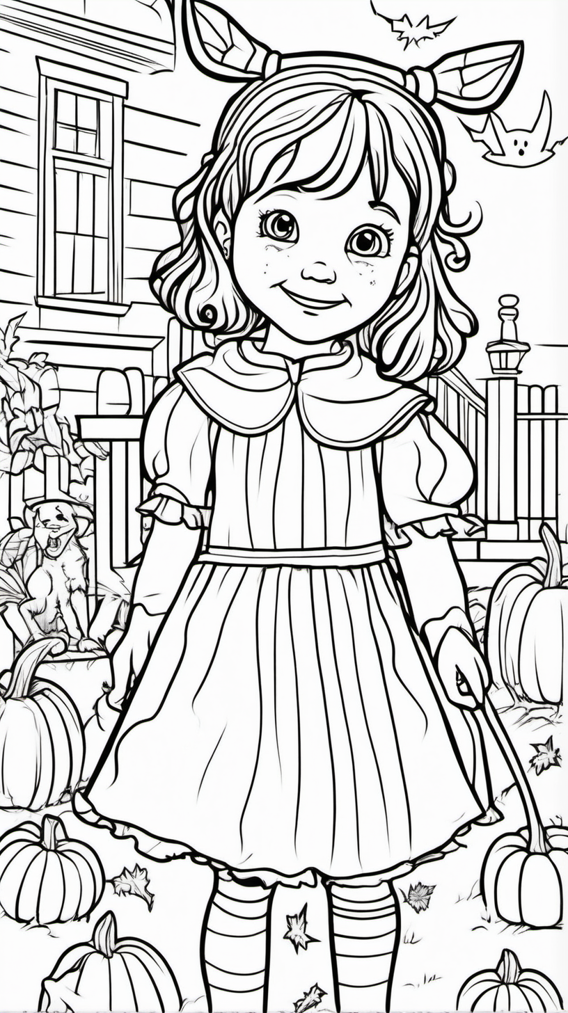 Cover of a children's coloring book: A little girl at a Halloween party, in full colors