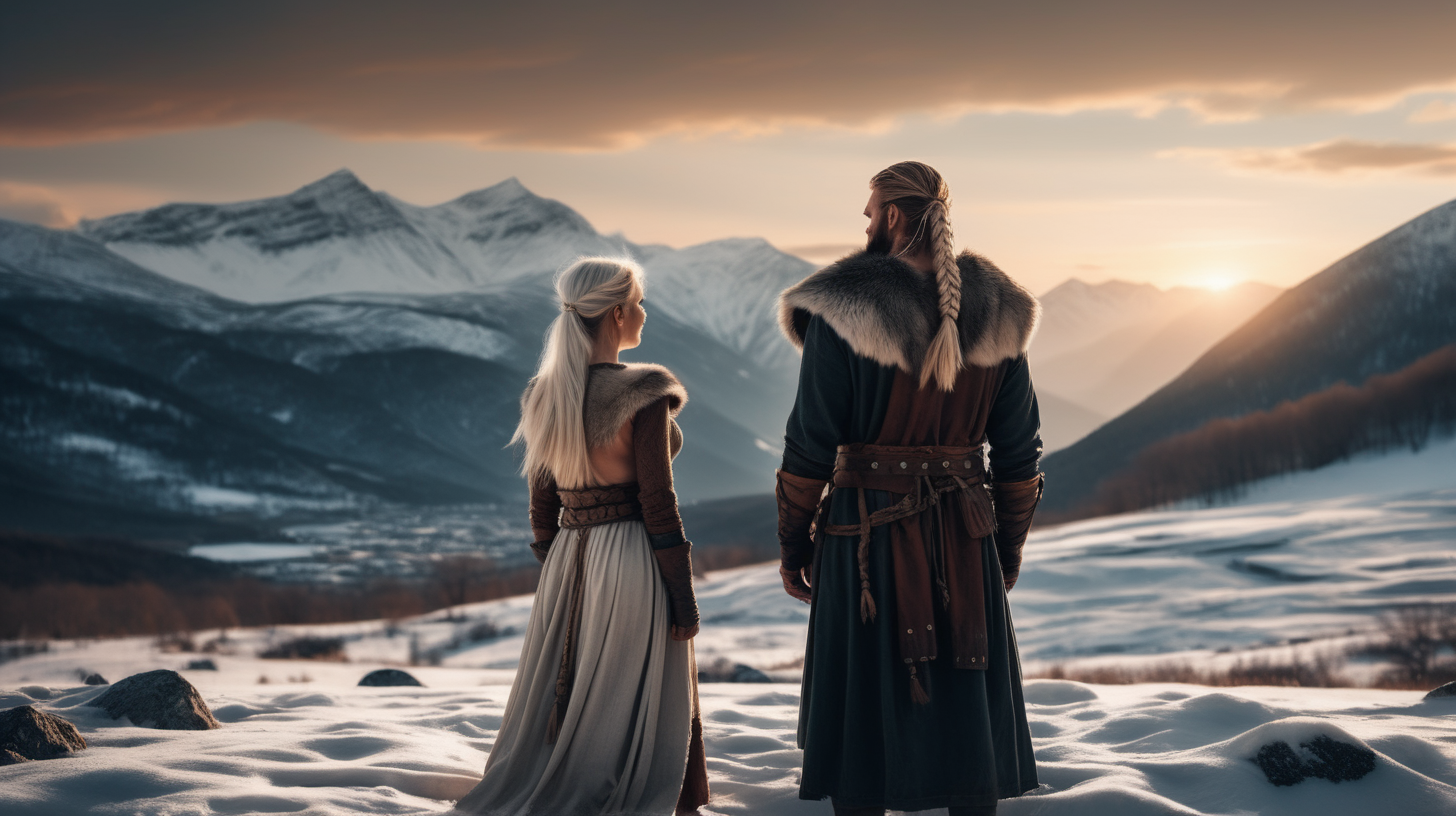 the photo is taken in snowy landscape with mountains in the distance sunset. one beauty woman is standing, a man is on her side. both are watching to the mountains. The photo was take from behind them. The woman is wearing viking indumentary, without weapons, white straight hair. The man wear viking indumentary too. The lighting in the portrait should be dramatic. Sharp focus. A ultrarealistic perfect example of cinematic shot. Use muted colors to add to the scene. there is a wolf next to them, with his back to the camera and also looking at the mountains.