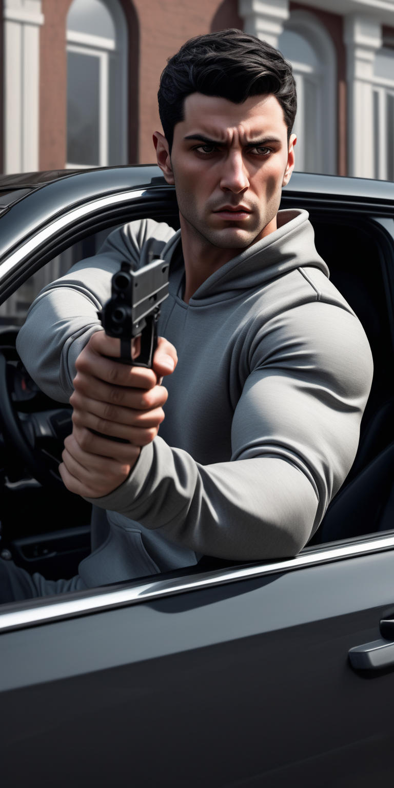 Realistic short dark haired male wearing a grey tracksuit driving a black car holding a gun out of the window