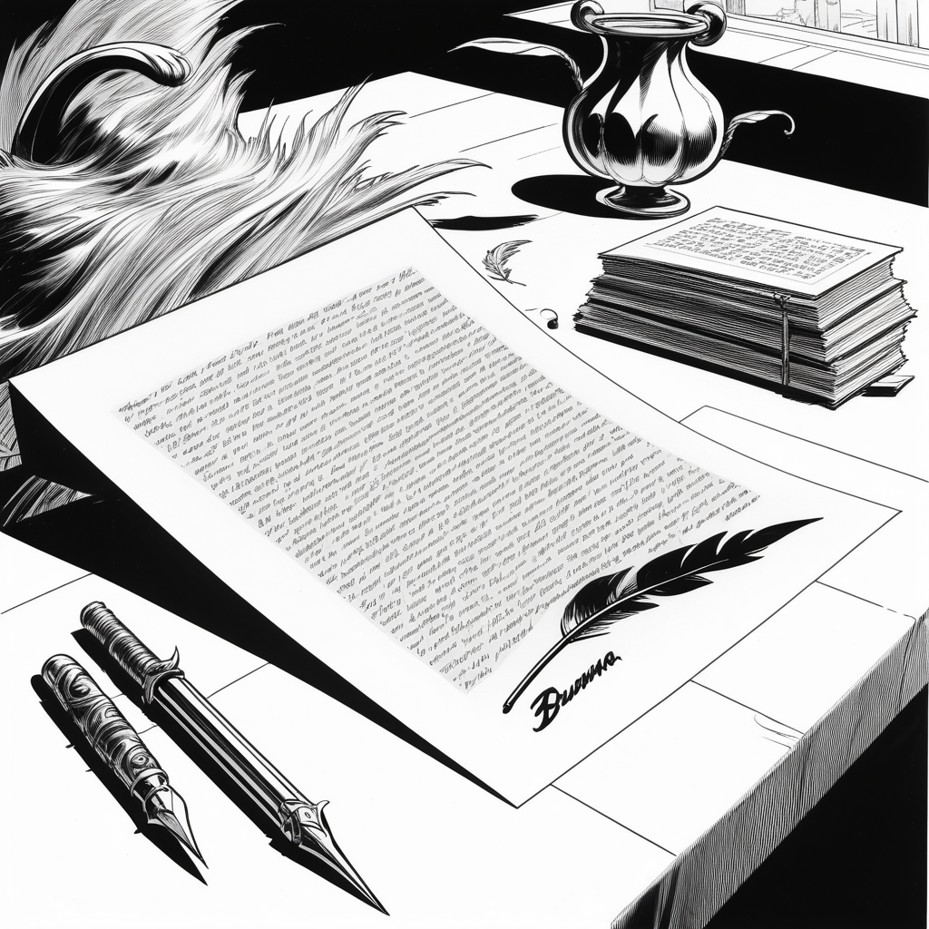 letter with quill on table comicbook art in black and white in John Buscema style



