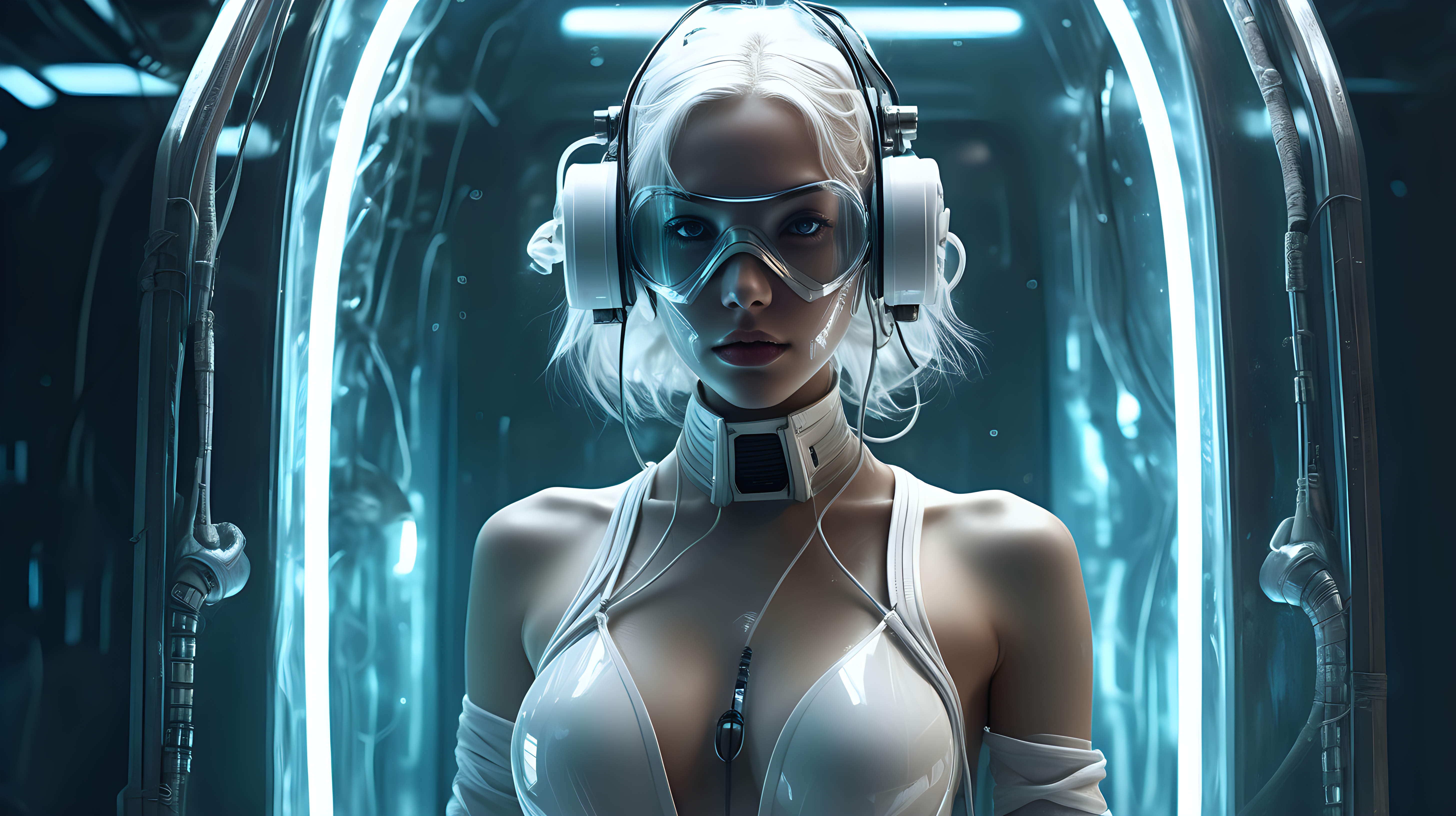 digital art, best quality, ultra realistic, ultimate detailed, sci-fi, centered composition, full-length body cinematic shot: stunning futuristic cyberpunk female, bandages cloathing, floating fully immersed and wired in a futuristic vertical healing chamber, underwater, sci-fi respirator mask, clear white eyes, detailed glass reflection, perfect woman forms, asymmetric white hair, gorgeous face, detailed natural skin, natural texture, diffused soft lighting