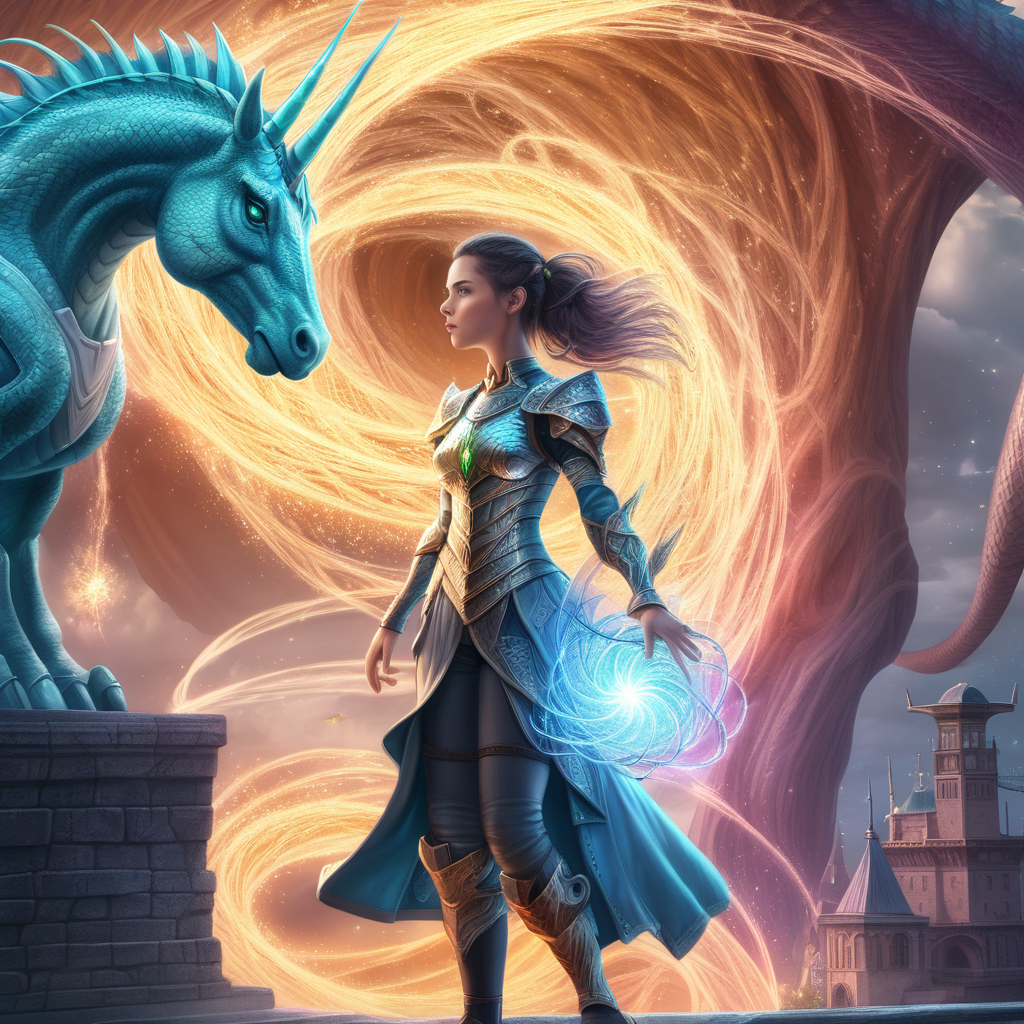 book cover design for a sci-fi story a young woman who can twist glowing threads of fate standing in a fantasy world with unicorn and dragon