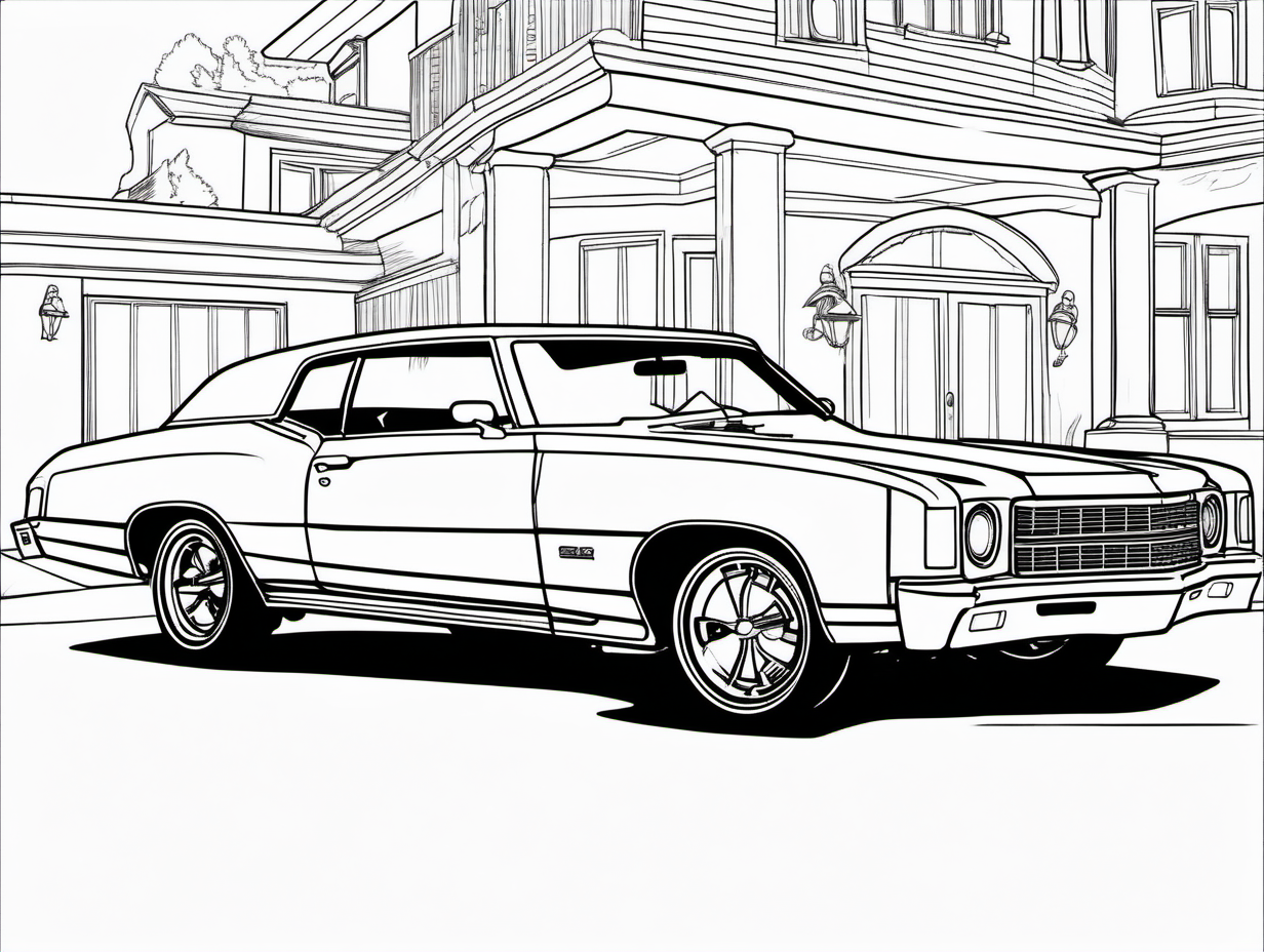 coloring page, classic American automobile,1970 Chevrolet Monte Carlo SS, clean line art, no shade