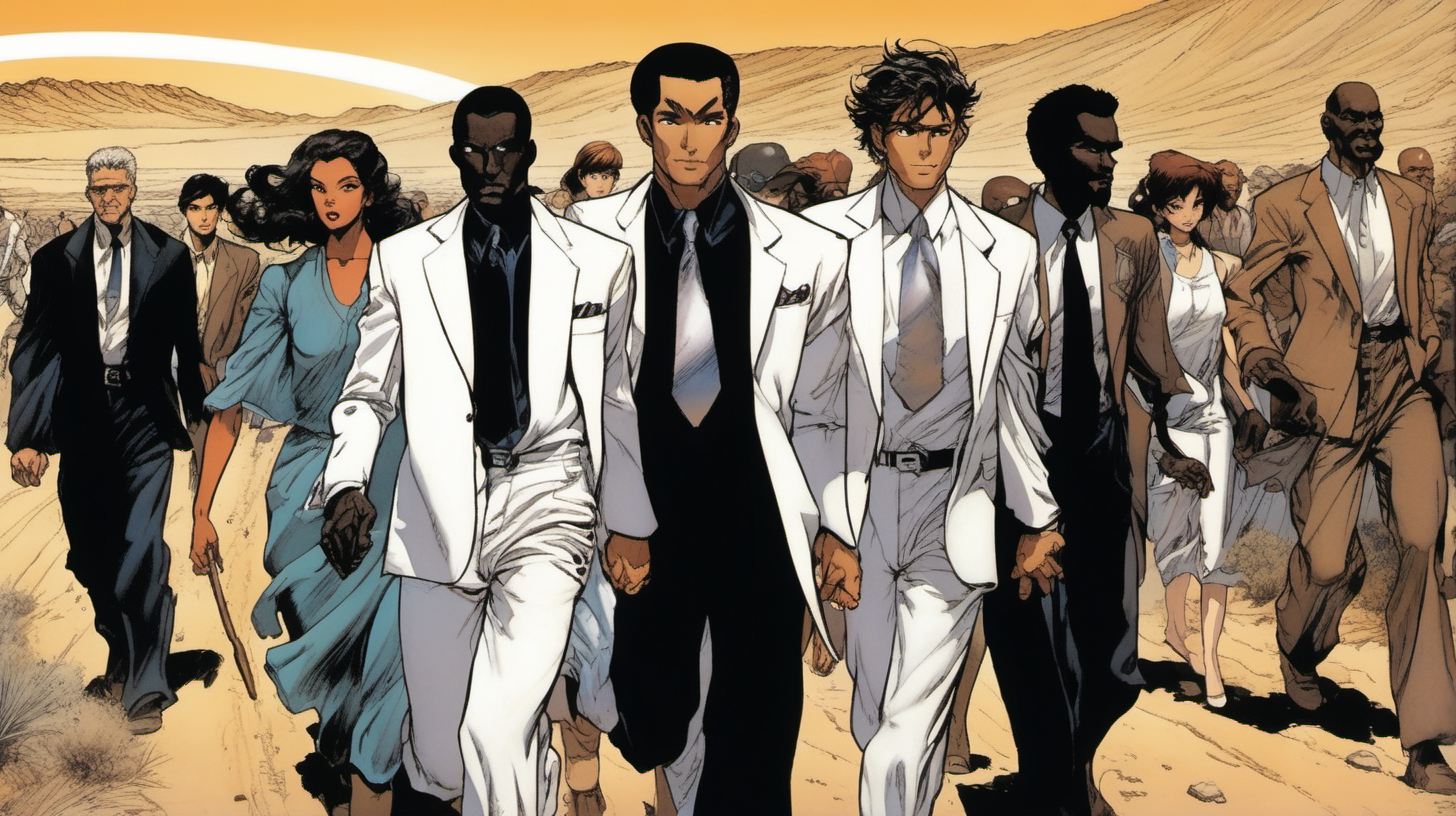 three men, with a smile leading a group of gorgeous and ethereal white & black mixed men & women with earthy skin, walking in a desert with his colleagues, in full American suit, followed by a group of people in the art style of Noriyoshi Ohrai comic book drawing, illustration, rule of thirds