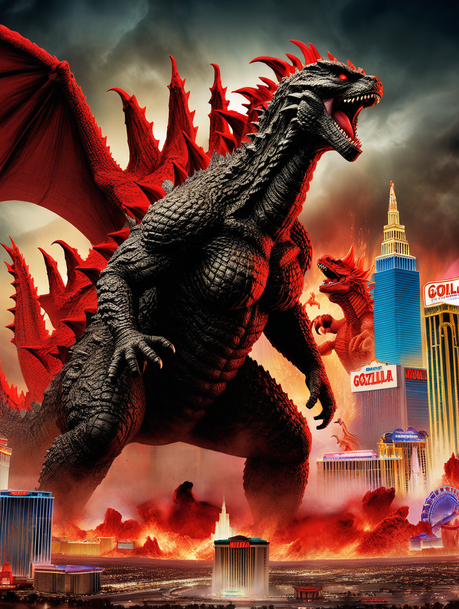 Movie poster of Godzilla & a red dragon destroying Las Vegas