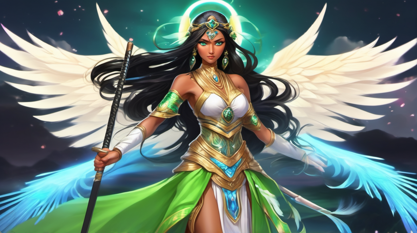 Seline the Goddess of light and love, and Crystal queen of indain decent, wings and rainbow power, samurai warrior and goddess with pure green blue eyes, black long hair to floor, powerful goddess of love, beautiful dress long, boobs, tan, thighs, thin eyes brown, princess lovely,