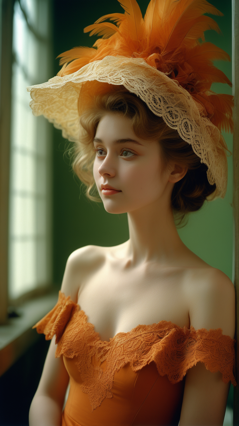 <lora:FilmVelvia3:0. 6>, masterpiece, best quality, 1girl, solo, sexy pose, pensive woman, intricate lace, feathered hat, curled hairdo, pale skin, minimal makeup, tender smile, dainty neckline, nostalgic atmosphere, still life, semi naked, cinematic shot, orange green golden dress