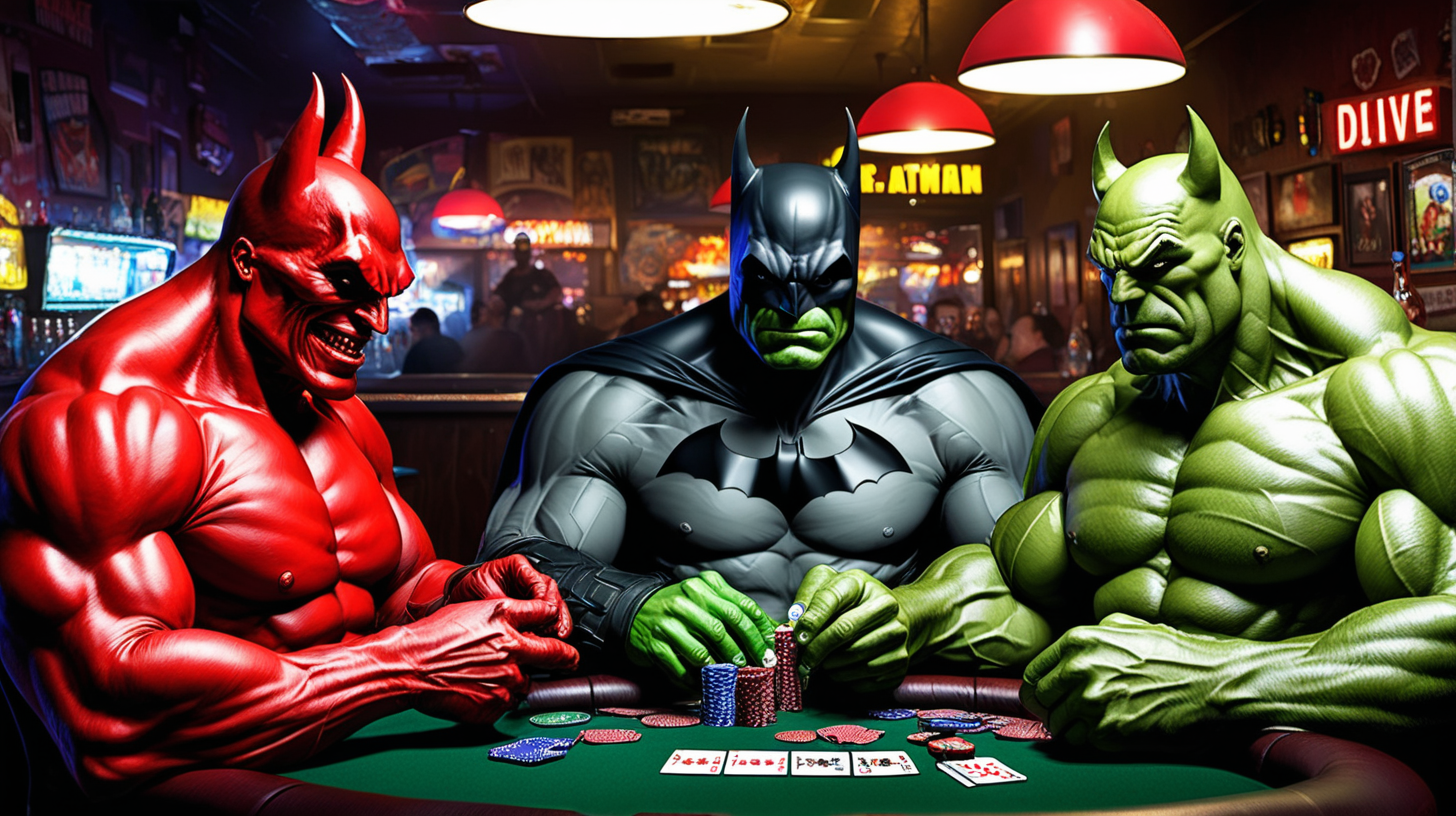 The Devil The Batman and Hulk playing poker and having drinks in a dive bar