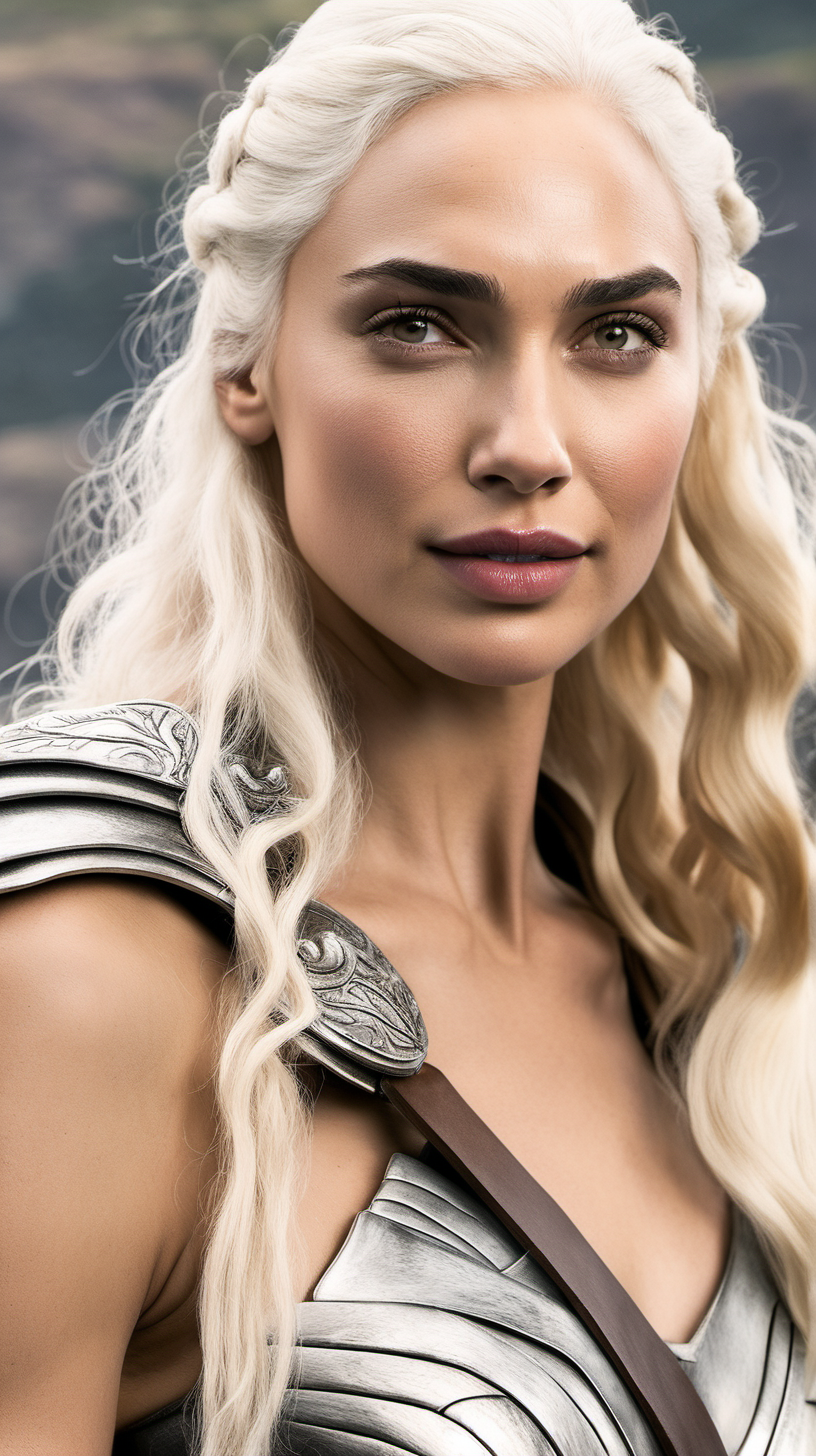 Gal Gadot with long platinum blonde hair with
