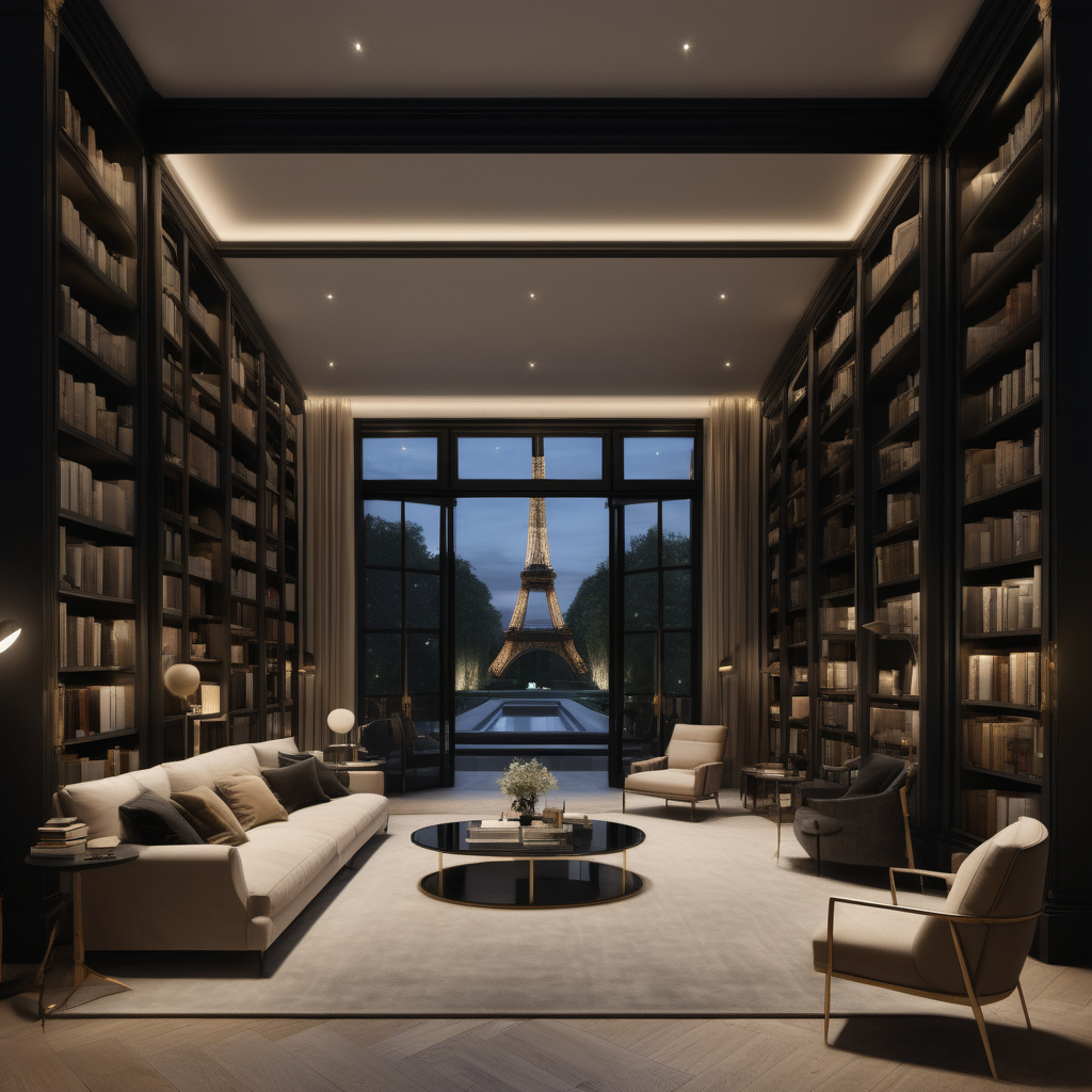 a hyperrealistic grand modern Parisian open plan library and at night with mood lighting, floor to ceiling windows and doors opening to the patio,  in beige, oak, brass and black
