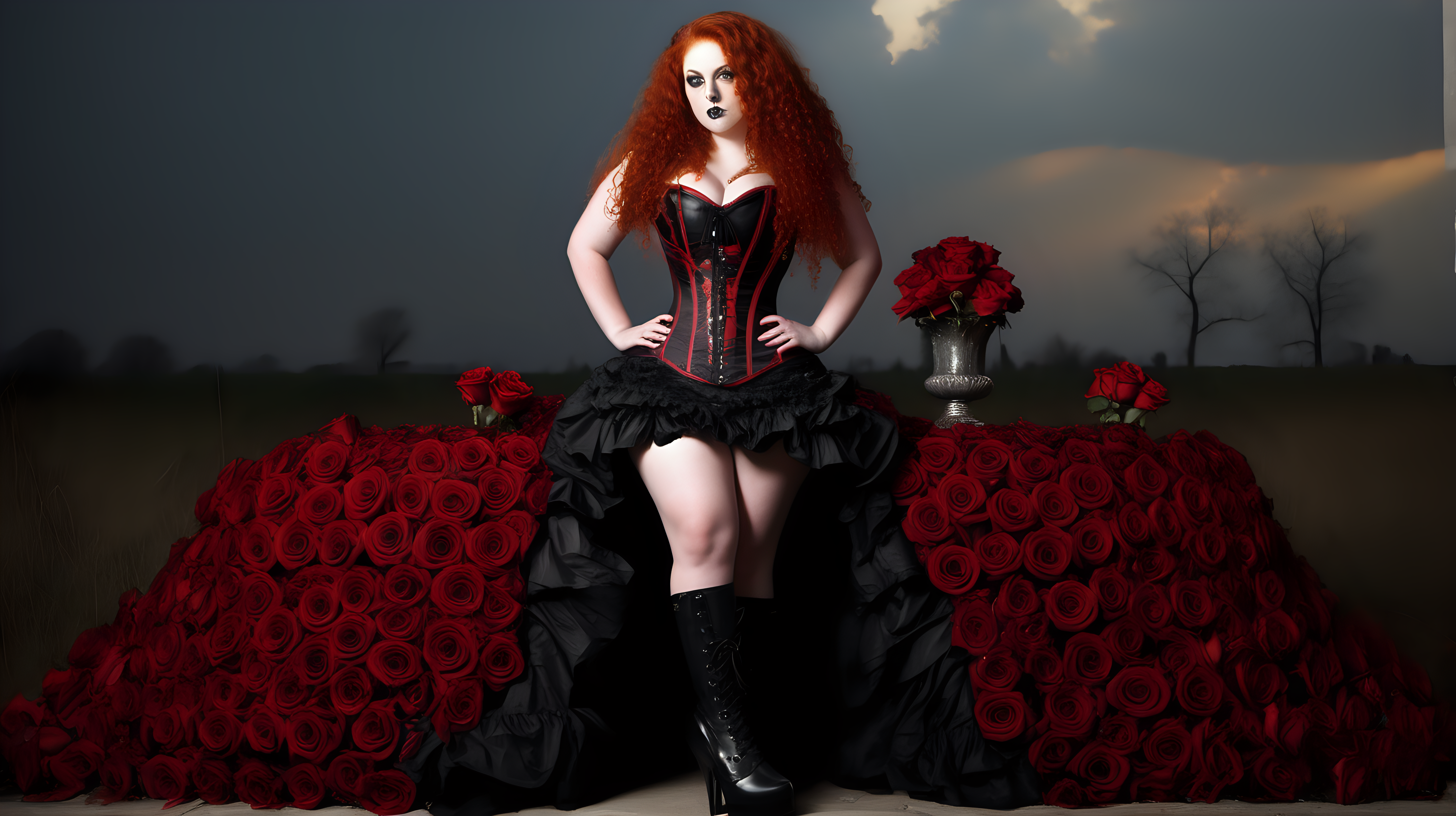 SLR quality. 30 yr old woman. 5ft tall size 18 clothes. Long red curly hair. Black and red corset dress. Plus size. Black high heel boots. Fire skulls roses