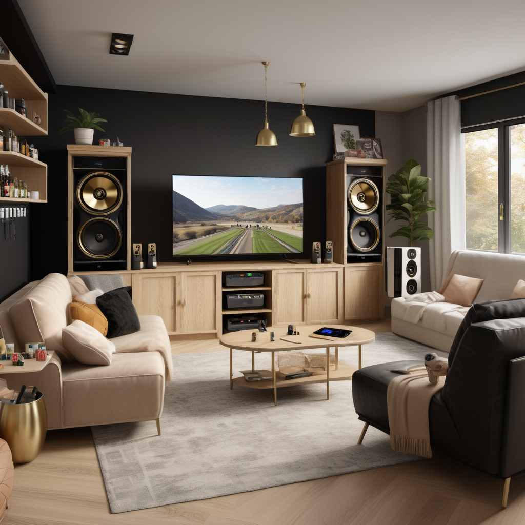 A hyperrealistic image of teenagers gaming room with a gaming computer setup, a large tv, gaming consoles and controllers, a large comfy sofa, a kitchenette with bar fridge, in a beige oak brass and black colour palette