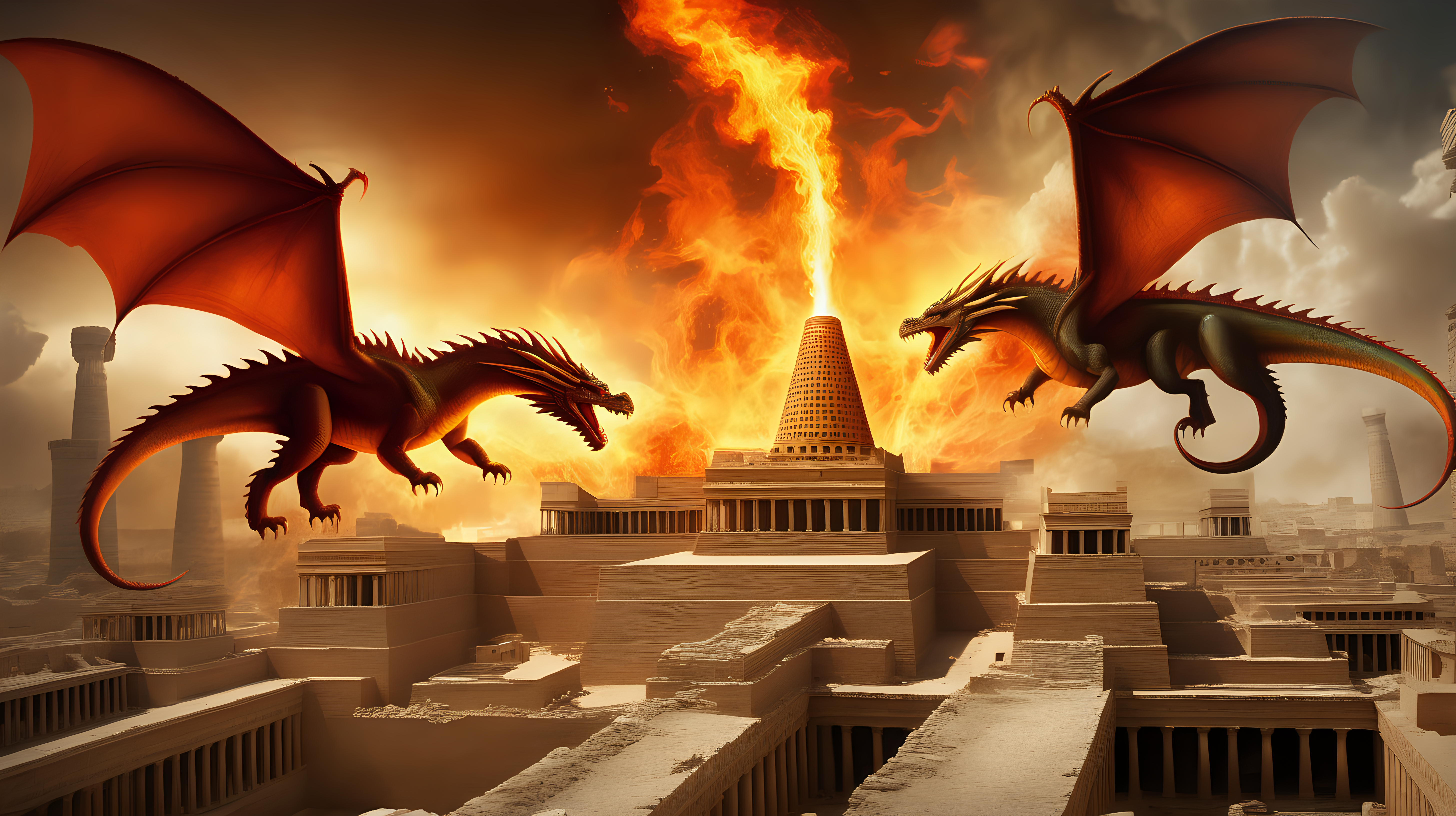 Fire breathing dragons hovering over ancient Babylon in ruins