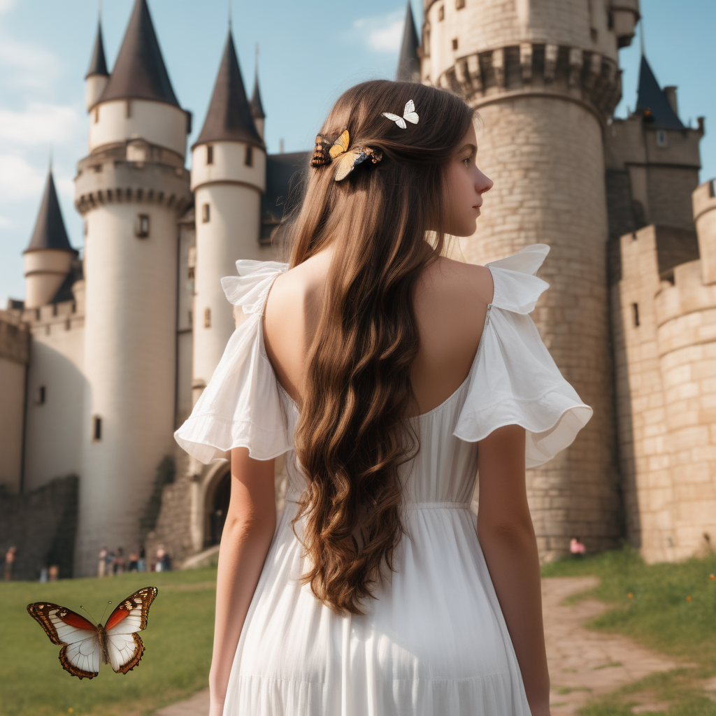 A teenage girl with long brown hair stands in front of a castle. She's wearing a white flowy dress. She has a butterfly on her shoulder. Could you show her back? 