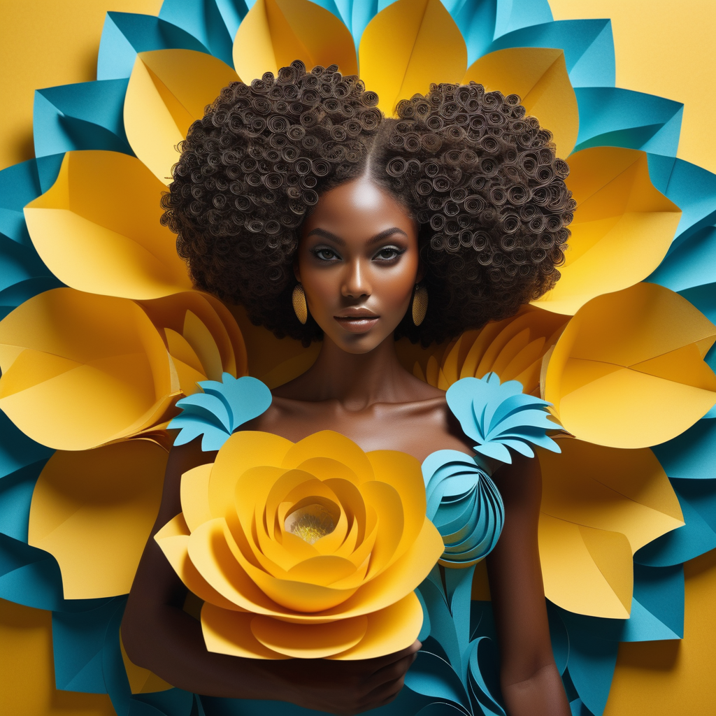 paper art of closeup of a beautiful Brazilian melanin model holding a beautiful baby on a runway and a large yellow flower, Fibonacci sequence and beauty, Kaleidoscope, elegant curves, fine line details, curved and scalloped patterns, dynamic composition, blue, red, turquoise, yellow --chaos 21 