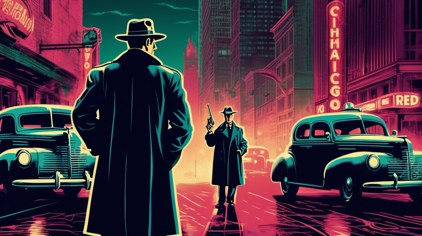 A detective with a revolver standing in the foreground on a downtown neon Chicago street circa 1940. Vintage retro style.