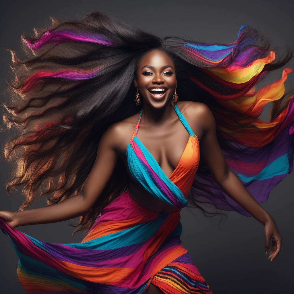 A dark skin black woman in colorful flowing