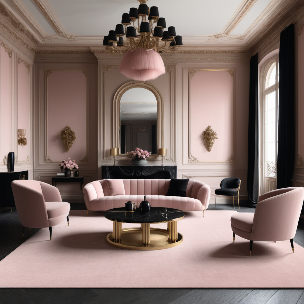 a hyperrealistic image of a palatial Modern Parisian   in a beige oak brass dusty pink and black colour palette