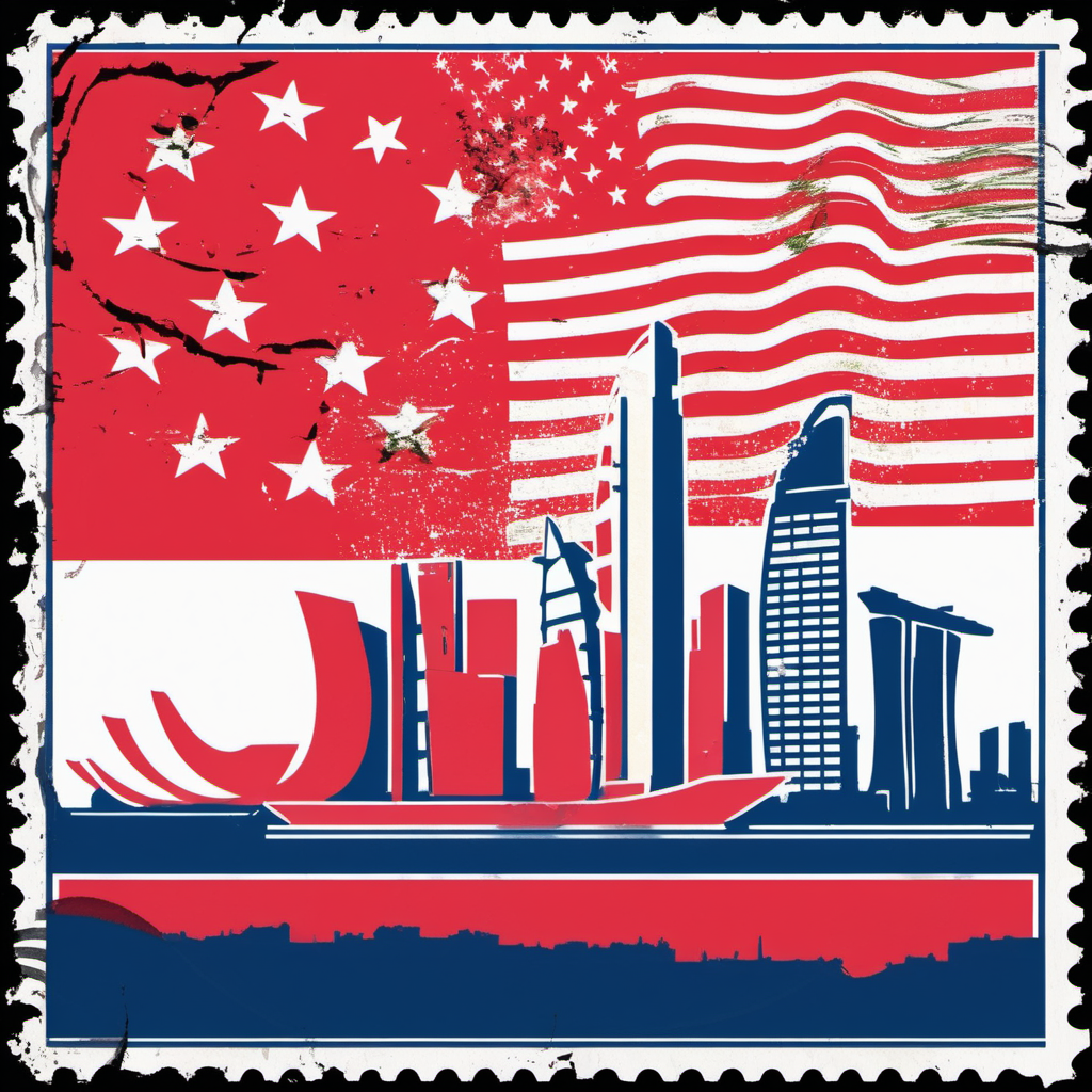 stamp with Singapore skyline Singaporean flag colours abstract
