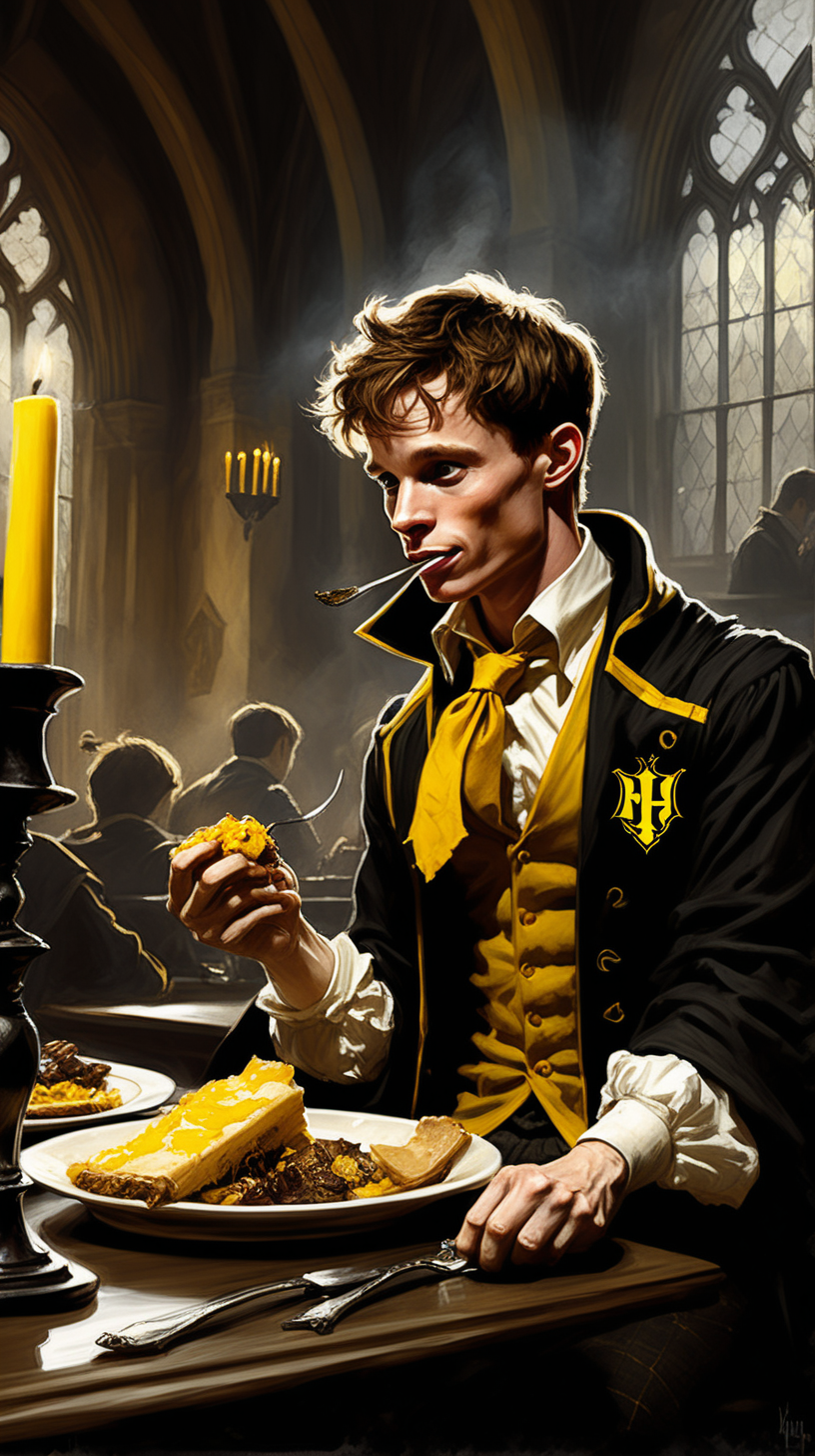 Create a dark fantasy art illustration,  frank frazetta style, of Eddie Redmayne, as a Hogwarts Hufflepuff student eating at dining hall