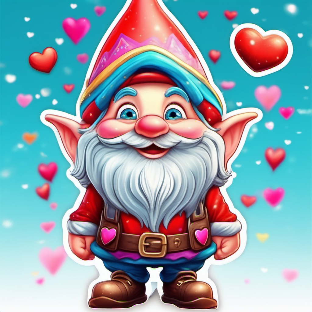 super Adorable Scandinavian gnome  Nordic, very festive bright colors,cartoon
sticker valentine hearts,  character full body, so cute, excited, big bright eyes, shiny
fairytale, energetic, playful, incredibly high detail, 16k, octane rendering, gorgeous, ultra wide angle.