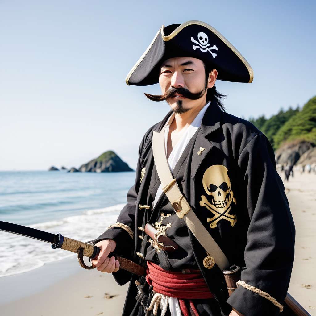 Japanese man, handlebar moustache, pirate coat, pirate hat, jolly roger, katana in one hand, rifle in the other hand, Japan, beach, day