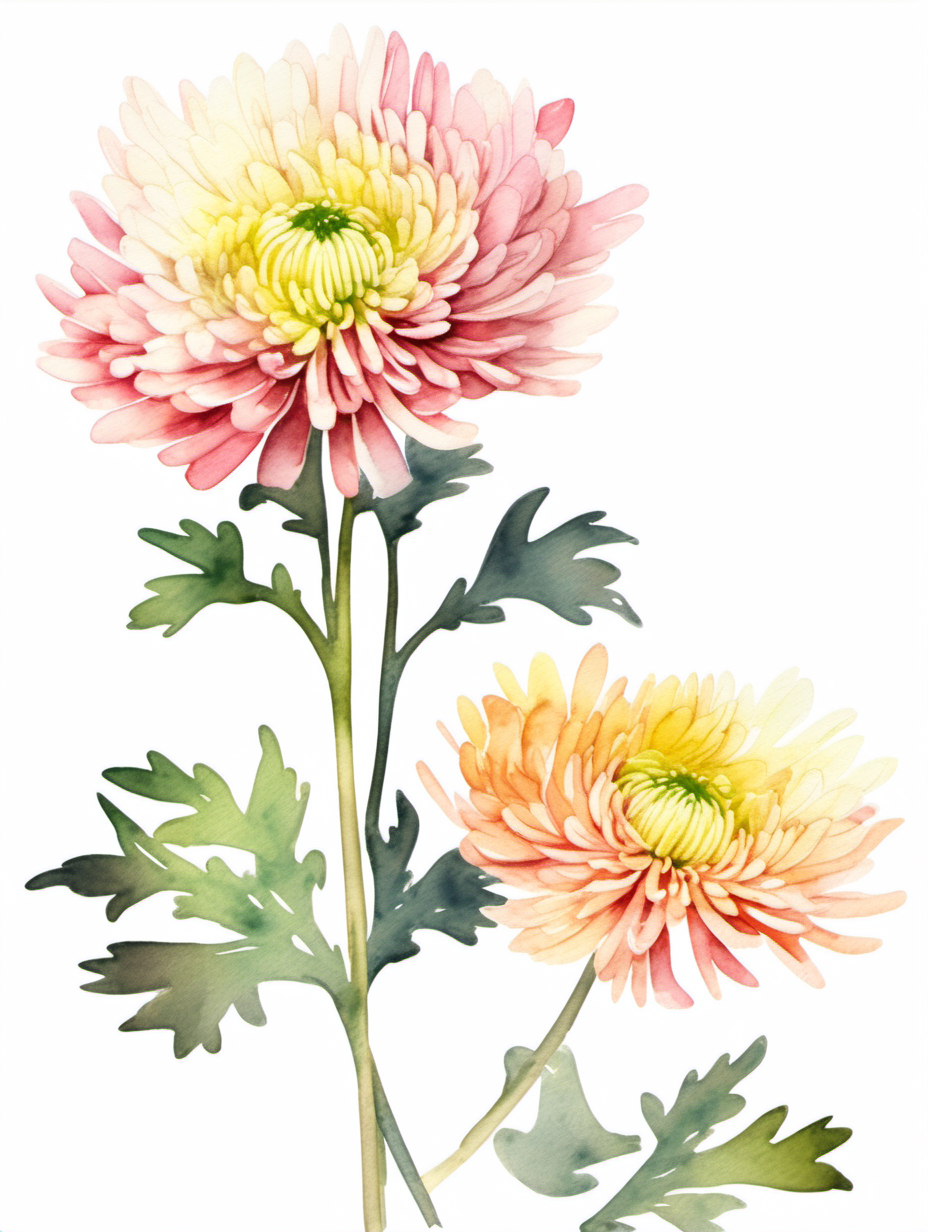 simple single chrysanthemum, watercolor style, with a white background
