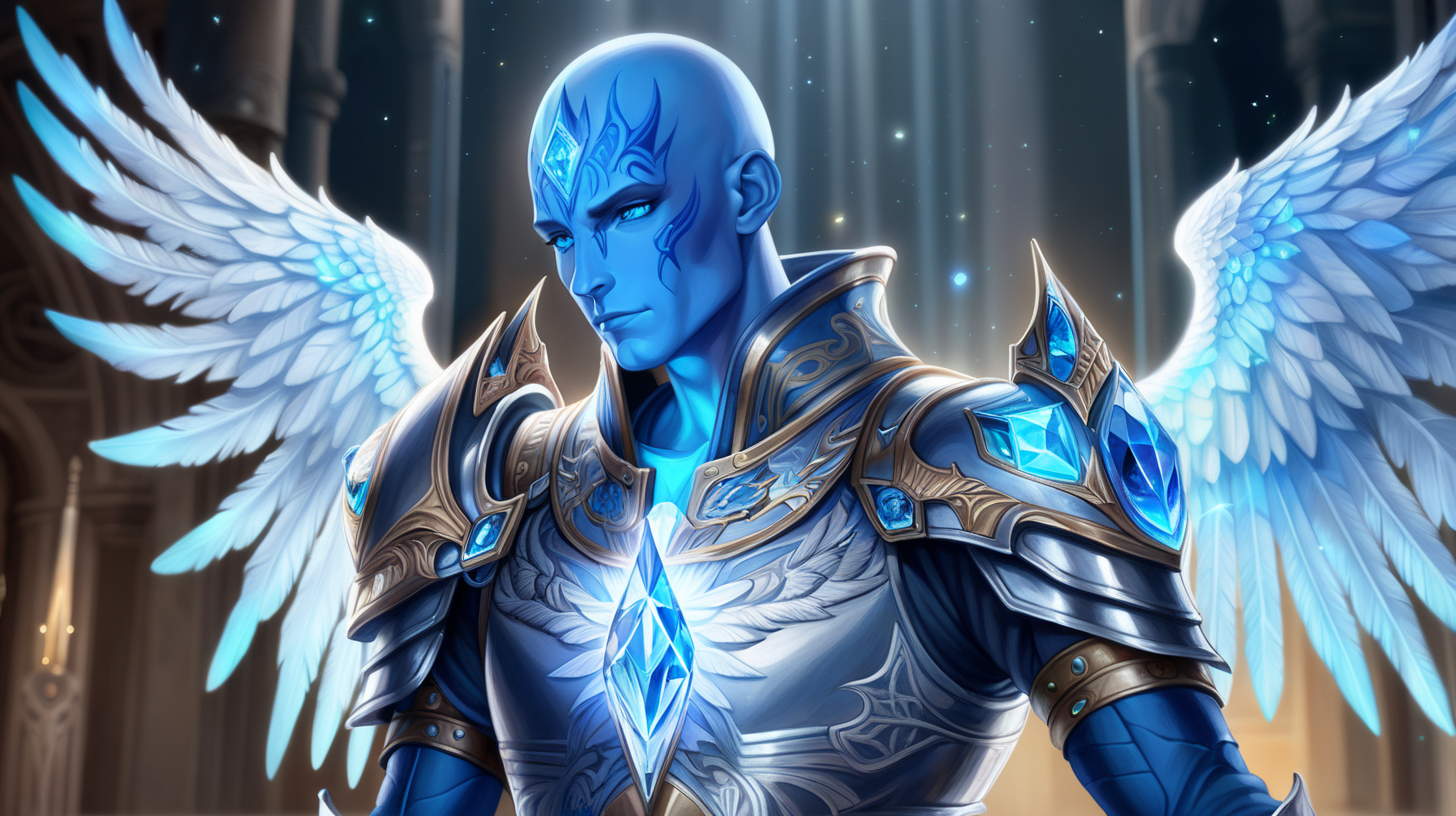 Glowing blue skin with tattoos, bald smooth head, blue glowing colorful eyes, small nose small mouth, glowing suit of armor, wings of crystals, crystal in forhead, light of angles, tall, slender male, smart, magical mage,