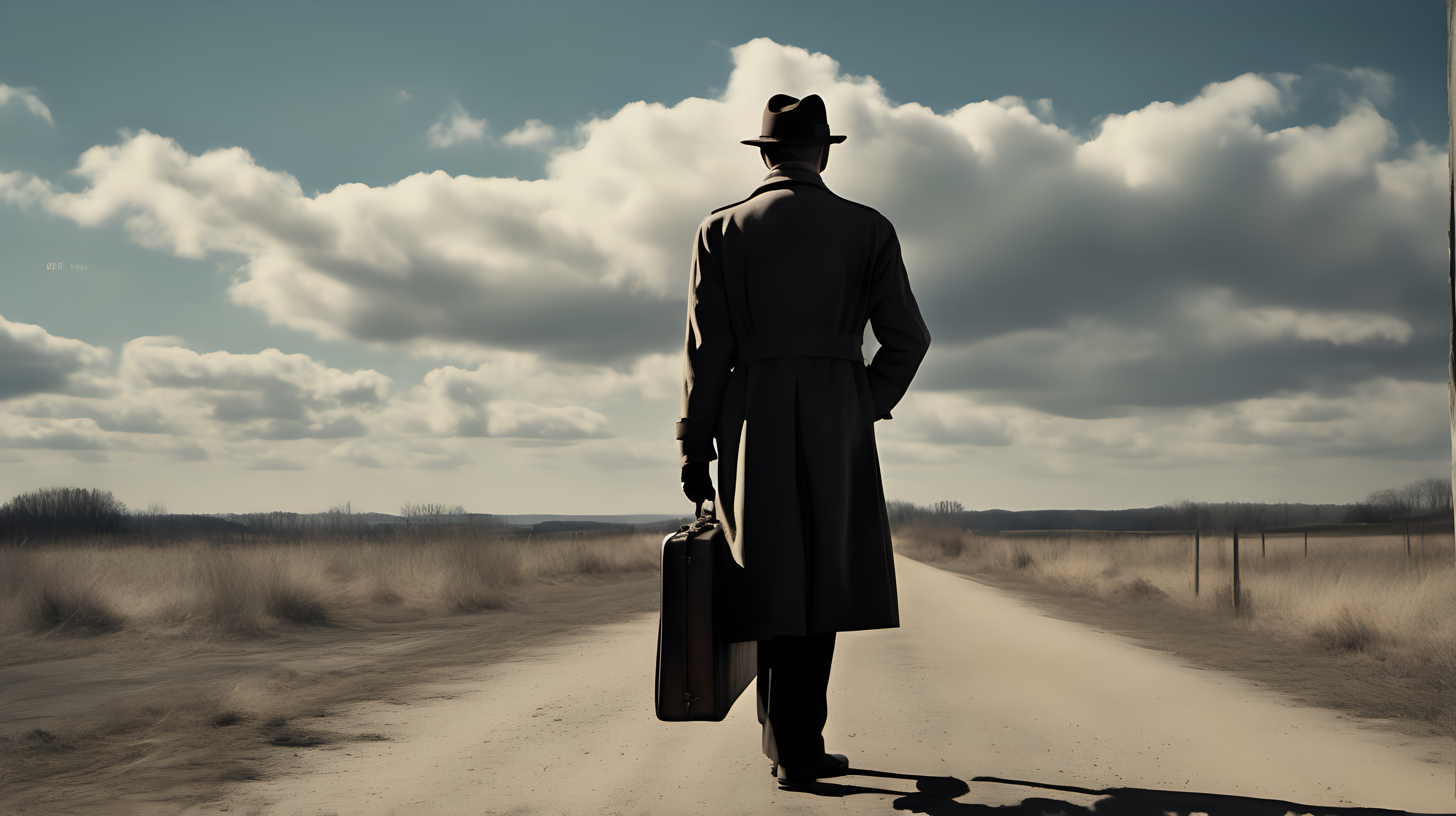 An old-fashioned spy, dressed in a tailored trench coat and wearing a fedora hat, with one hand on the brim of his hat, one hand on his briefcase. The scene is Mysterious, Observant, Contemplative. Vintage film camera. Prime Lens. The sky is blue. Capturing the enigmatic and mysterious aura of the spy's persona. Emphasizing the spy's silhouette and the stark contrast between light and shadow, conveying a sense of intrigue and contemplation. 