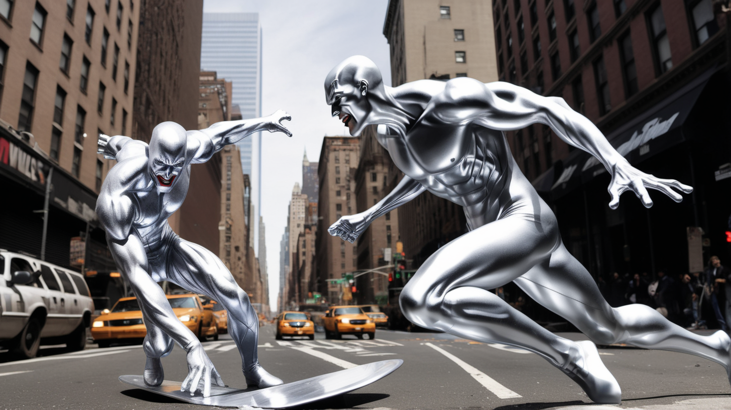 The silver surfer fights the joker in NYC after world war 3