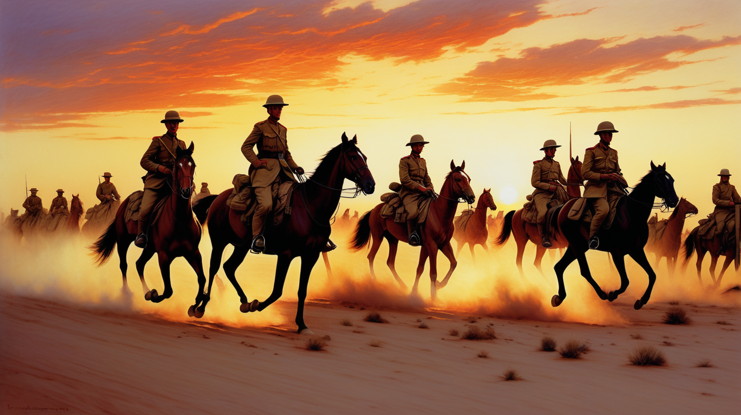 Australian Lighthorse regiment riding across the dessert at sunset 1915
