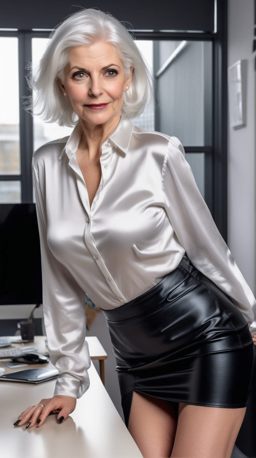 natural older woman, model, with white hair wearing bluse satin blouse and black vinyl skirt and high heels, leaning over table in cosy office showing her big ass