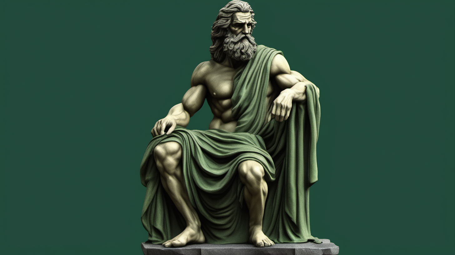 Create a visually stunning and detailed AI-generated image of a Greek-inspired old man statue sitting on stones carved from dark green stone, featuring muscular physique, long flowing hair, a beard, and draped in a single cloth that elegantly hangs from one shoulder."
also dark green background.