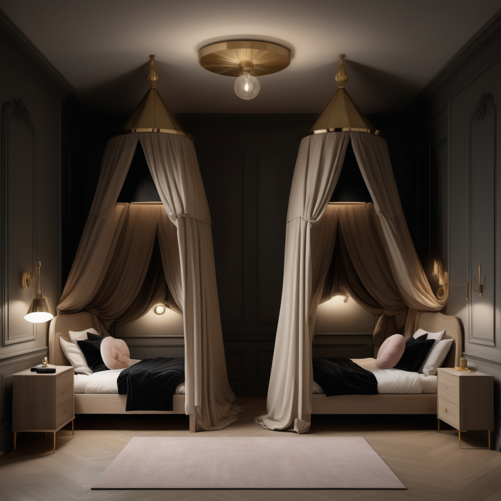 a hyperrealistic of a grand modern Parisian estate home childrens shared bedroom at night with mood lighting, a double bed with a canopy, in a beige oak and brass colour palette with accents of black
