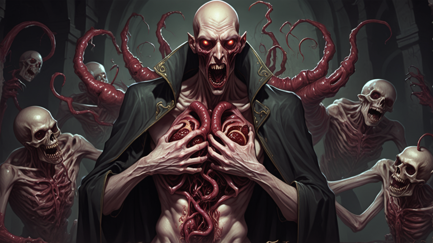 A writhing man. His heart has become a grub demon and is eating it's way out of his chest while sexy necromancers watch