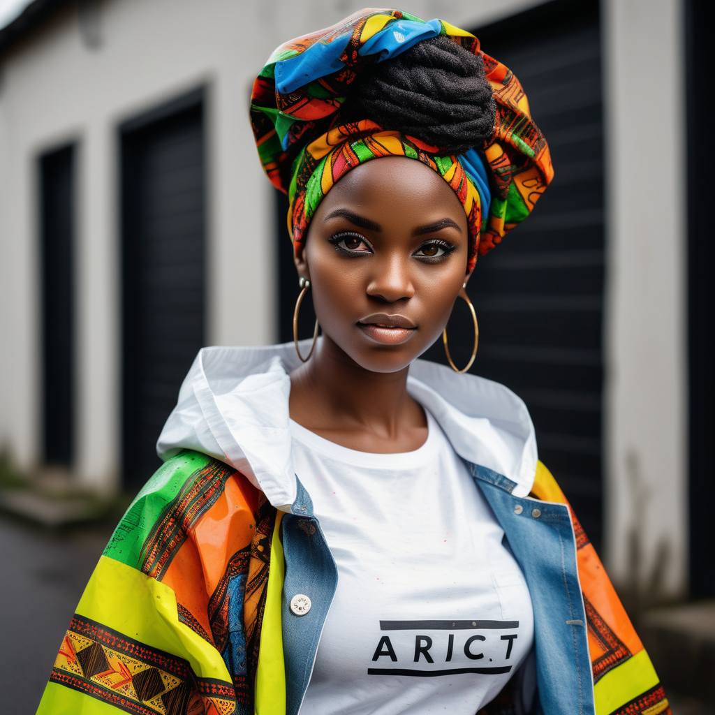 Beautiful Black woman with tribal paint on her eyes and forehead, wearing a multi color African headwrap and African print Skirt, cropped light flourescent transparent rain coat, wearing a white tee with a black fist printed on the front, wearing denim with African print material  inside the pockets,  Vibrant images that represent African heritage, In the sernegetti, looking to the left, holding a  black lamb, view looking straight at , 4k, high definition, high resolution, light source from above right