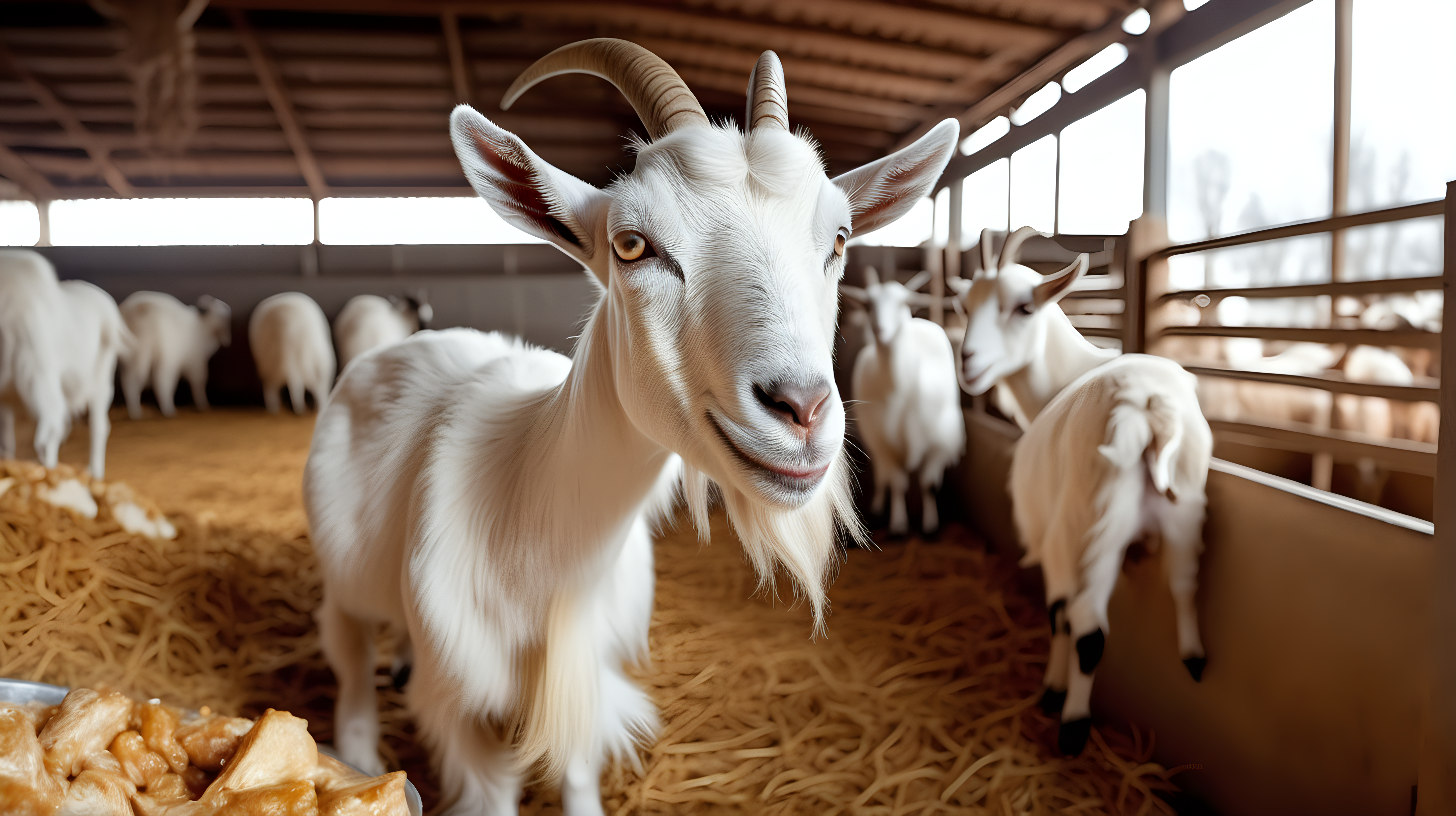 indoor modern goat farm with goat eat food